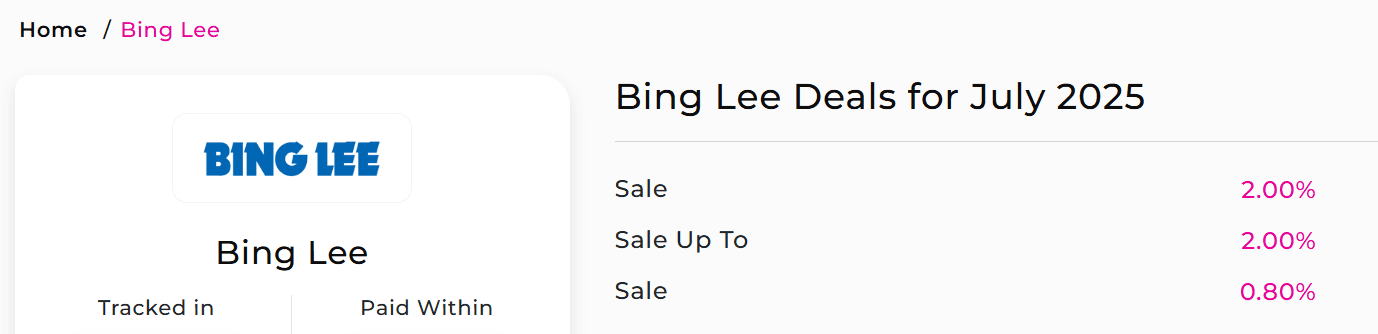 Cashback offer example for Bing Lee